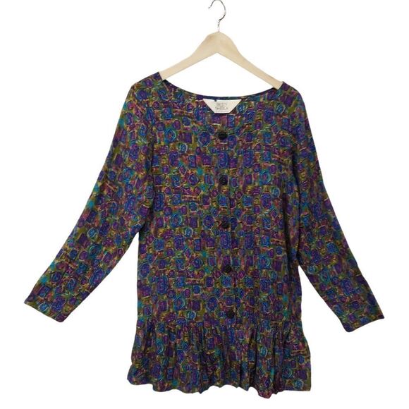 Vintage Betty & Shelia Abstract Warm Tone Peplum Hem Top 80's/90's - Picture 3 of 16